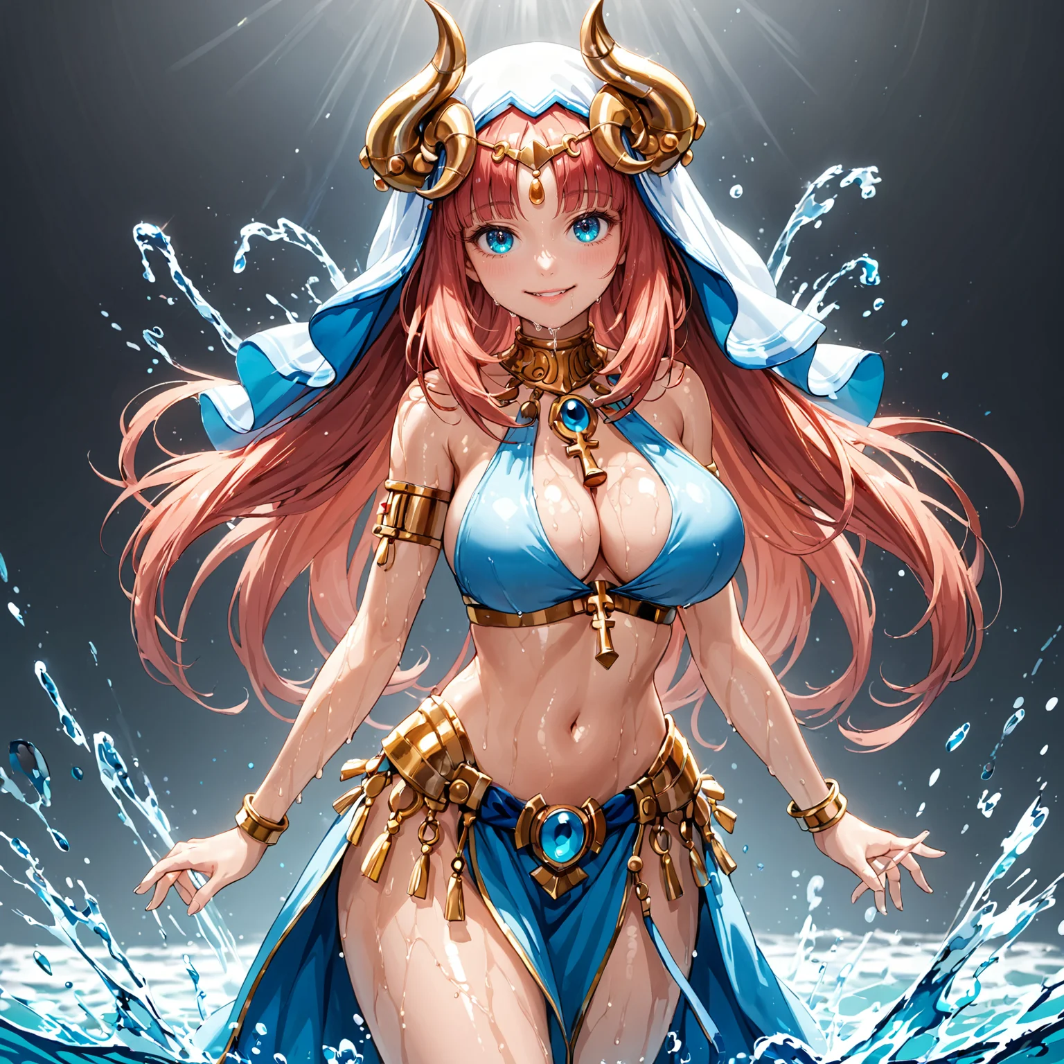 solo focus, 1girl, Nilou, armor, clothed, standing, parted lips, perfect face, eyelashes, smile, fang, large breast, wide hips, side ass, cleavage,  very cute,  oiled skin, wet skin, shiny skin, steam,  simple background, water splash, defiance face,  beautiful aesthetic, very intricate, high quality details, vibrant, highly detailed, glow, anime style, key visual, vibrant, studio anime,  highly detailed