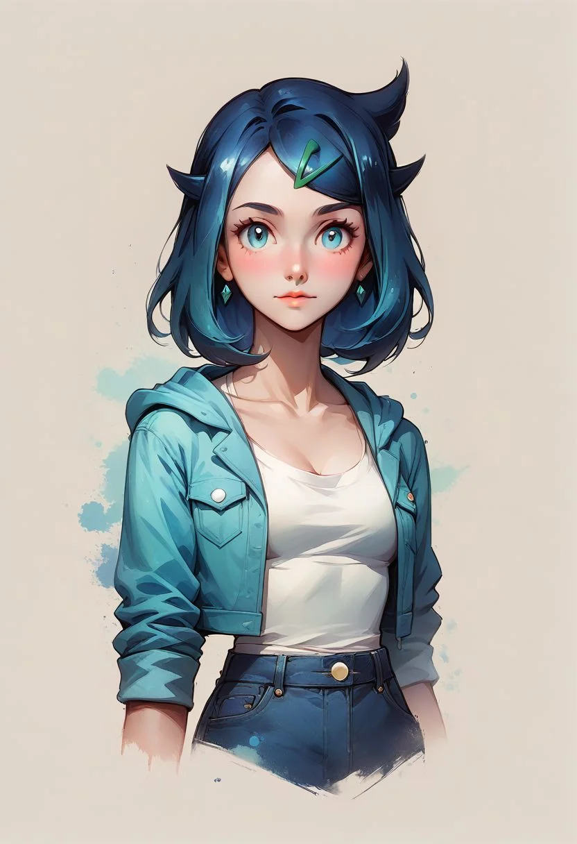 Faded Headshot, faded bottom, faded edges ,score_9,score_8_up,score_7_up,score_6_up,score_5_up,
1girl, Liko, \(Pokemon\)/,(ultra HD quality details), liko \(pokemon\), blue hair, hair clip,
white shirt, hooded jacket, open jacket, denim shorts,
perfect anatomy, perfect face, abstract beauty, beautiful, centered, looking at the camera, approaching perfection, dynamic, moonlight, highly detailed, watercolor painting, artstation, concept art, smooth, sharp focus, illustration,
small breasts, deep cleavage,