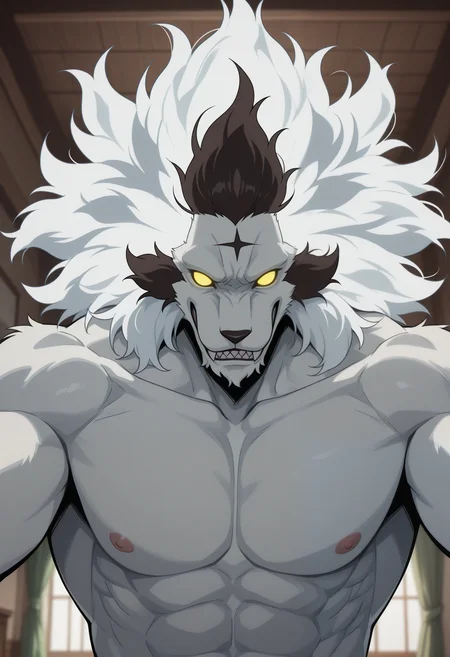masterpiece,best quality,amazing quality, 1boy, solo, b43k, furry, colored sclera, no pupils, naked, glowing eyes, white fur,
indoors, dominant, submissive pov, chest focus,