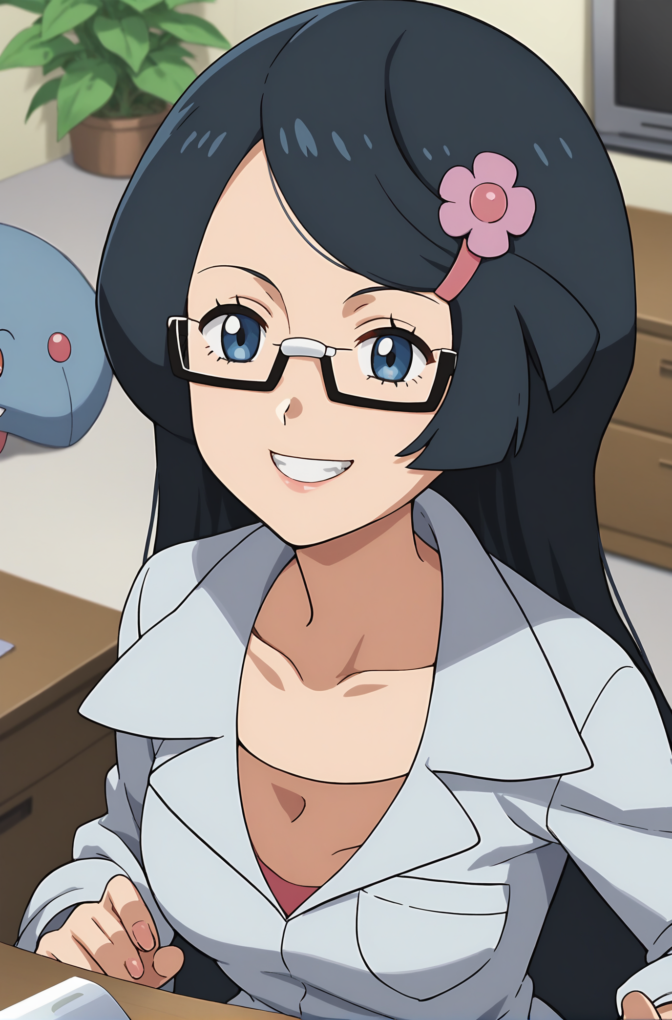 score_9, score_8_up, score_7_up, score_6_up, source anime, anime, animification, anime screencap, anime coloring, vivid colors, shiny skin, skindentation, deep skin, depth of field, high quality, highres, (dynamic angle,dynamic pose),
fennel \(pokemon\), 1girl, long hair, smirk, teeth, clenched teeth, shirt, black hair, hair ornament, collarbone, blue eyes, upper body, flower, :d, glasses, hairclip, indoors, munna, pokemon \(creature\), plant, semi-rimless eyewear, labcoat, potted plant, monitor
BREAK
masterpiece,high quality
<lora:Fennel_PokemonPony:0.9>
