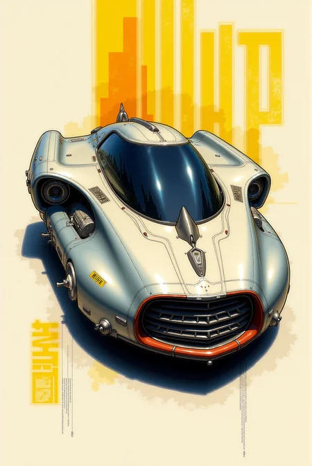 <lora:Watercolor_sketch_v.1:0.8> Watercolorsketch style. A futuristic concept illustration of a sleek hovercraft showcases a streamlined, aerodynamic design with a retro-futuristic aesthetic. The vehicleâs glossy metallic body is adorned with intricate paneling, technical markings, and warning labels such as "WARNING" and "STAND CLEAR FAN BLAST," adding a functional, industrial touch to the design. The cockpit features a large, curved canopy tinted in dark hues, reflecting the surrounding environment and emphasizing the vehicleâs advanced technology. The front of the hovercraft incorporates a bold grille-like intake structure, with layered vents and mechanical detailing, suggesting a high-powered propulsion system. The color palette consists of muted metallic tones with strategic accents of bright red and yellow, creating a visually dynamic contrast. The vehicleâs surface is rendered with a combination of precise line work and expressive shading, giving it a weathered, used appearance that adds to its realism and functionality. The background features a stylized industrial setting with geometric block lettering in bold yellow and black, reinforcing the futuristic, urban environment. The side profile highlights the hovercraftâs elongated, aerodynamic form with smooth curves and integrated components, suggesting high-speed travel and maneuverability. Subtle reflections and highlights on the metallic surfaces create depth and dimensionality, while the inclusion of fine technical details, such as hatches, rivets, and panel seams, adds to the authenticity of the concept. The imageâs composition is balanced, with the hovercraft occupying most of the space while leaving room for contextual background elements that frame the design within a believable futuristic world.
