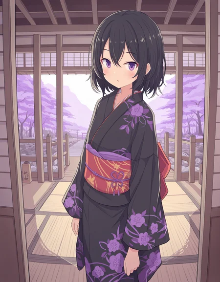 masterpiece,  best quality, newest, highres, absurdres, <lora:hebitsukai_style:1>,hebitsukai_illu, solo, black hair, 1girl, purple eyes, hair between eyes, looking at viewer, short hair, japanese clothes, kimono