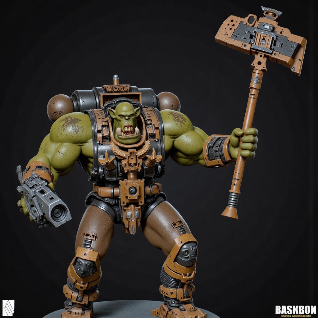 Score_9_up, absurdres, source: GamesWorkshop, grimdark, gothic horror, Warhammer 40000, a snarling ork is waving an axe in one hand and firing a machinegun in the other, lifelike, hyperrealism, perfect hands, perfect anatomy, project unreal engine