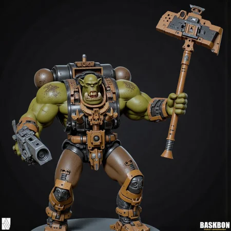 Score_9_up, absurdres, source: GamesWorkshop, grimdark, gothic horror, Warhammer 40000, a snarling ork is waving an axe in one hand and firing a machinegun in the other, lifelike, hyperrealism, perfect hands, perfect anatomy, project unreal engine