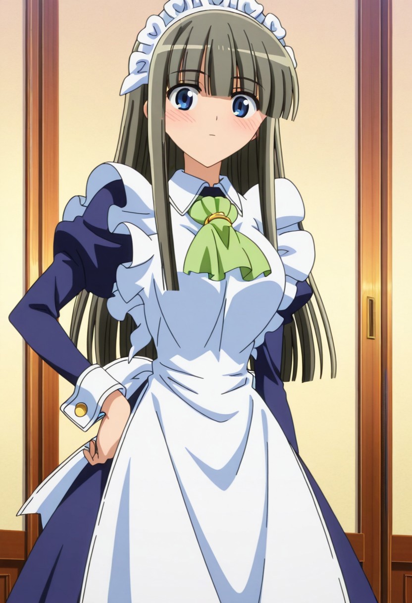 official art, detailed anime, finetuneanime,anime screencap, ultra detailed anime art, anime screencap, screencap, score_9, score_8_up, score_7_up, masterpiece, anime coloring, source_anime, cowboy shot, standing, Fubuki Maid, 1hand on hip, 1girl, solo, maid, maid headdress, blue eyes, blush, maid, green ascot, jewelry tie, sidelocks, long hair, large breast, curvy, large hips, pantyhose, shoes, cinnamon gray hair, sidelocks apron, blue dress, white pantyhose, blunt bangs, white patent cuffs, long sleeves, frills, juliet sleeves, maid apron, mary janes, very long hair, puffy sleeves, hair over eyes