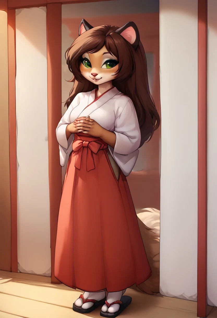 score_9, score_8_up, score_7_up, score_6_up, best quality, masterpiece, detailed, detailed eyes, beautiful, detailed background, perfect eyes, detailed body, BREAK
Erma Felna,furry female, animal ears, catgirl, green eyes, long hair, brown hair, brown fur, iskrastyle, tan body, full body, stand up, easynegative, Expressiveh, miko, red hakama, shrine background, tabi shoes
