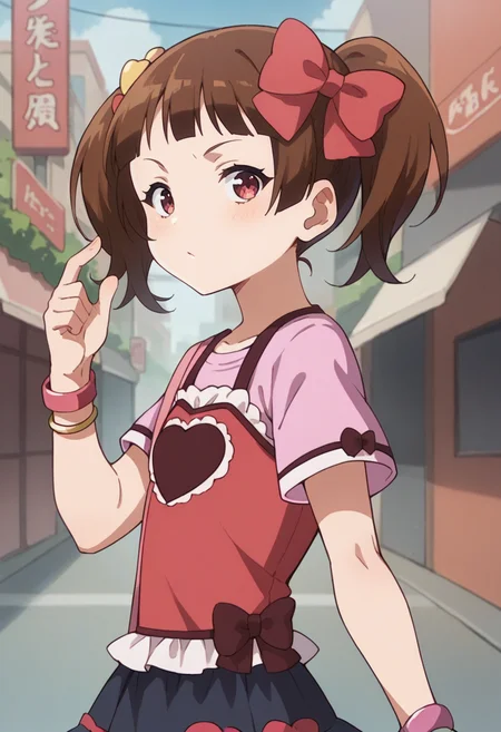 score_9, score_8_up, score_8, source_anime, 1girl <lora:YuiMorikawa:0.85> ,solo, twintails, short hair, brown hair, bangs, brown eyes, shirt, skirt, thighhighs, hair bow, bow, bracelet, jewelry, heart print, standing, upper body, looking at viewer, from side,
street background,