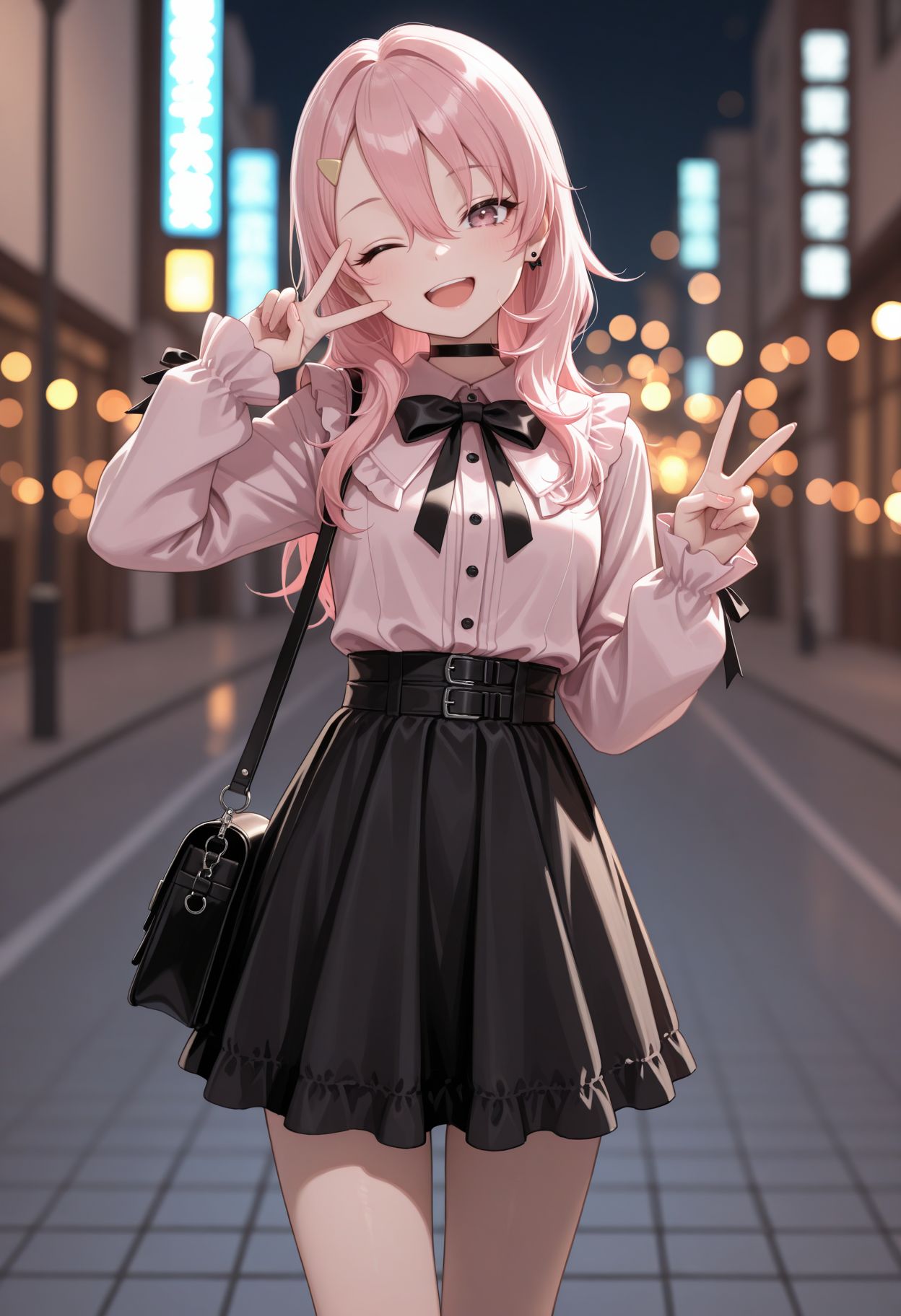 masterpiece,best quality,absurdres,highres,very aesthetic,high quality,detailed,insanely detailed,beautiful,perfect lighting, ,depth of field,blurry background,bokeh, looking at viewer,  smile,
 jirai kei, high-waist skirt, black skirt, shoulder bag, smile,peace sign, one eye closed, smile, open mouth, magazine cover,
     <lora:Benisumomo  illu:1> 1girl, long hair, pink hair, hair ornament, hairclip, hair between eyes,