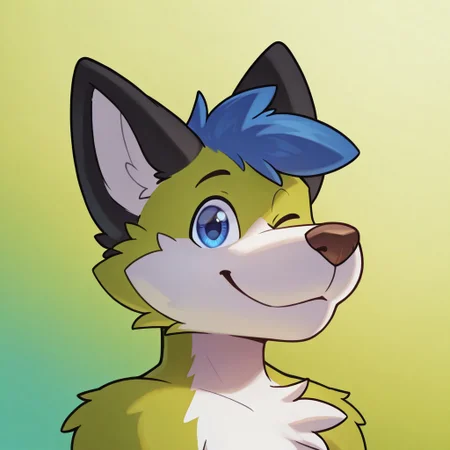 best quality, amazing quality, high resolution, masterpiece, very aesthetic, absurdres, newest, simple art, depth of field, source_anime, furry, furry male, anthro, realistic,
syuro, zuppu11, (((detailed eyes)), green background, gradient background, wink, winking, one eye closed, happy, looking at viewer, (((portrait, dynamic angle, dynamic face))),
lim3, (((green body, white fur))), (((better quality))), black ears, white inner ear, brown nose, blue hair, ((blue eyes))