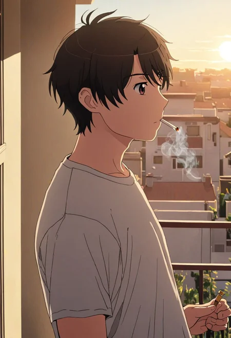 high resolution, solo, best quality, 1Boy, Inaho Kaizuka, Black Hair, Brown Eyes, home balcony, morning, cigarette, coffee, t-shirt, shorts, looking away, OverallDetail