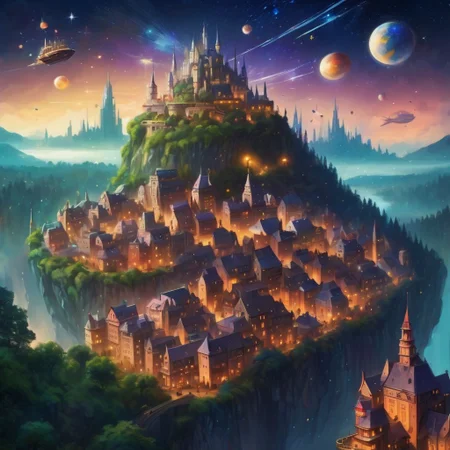 fantasy city overlooking a forest, bustling nightlife with flying ships, floating castle, starry night