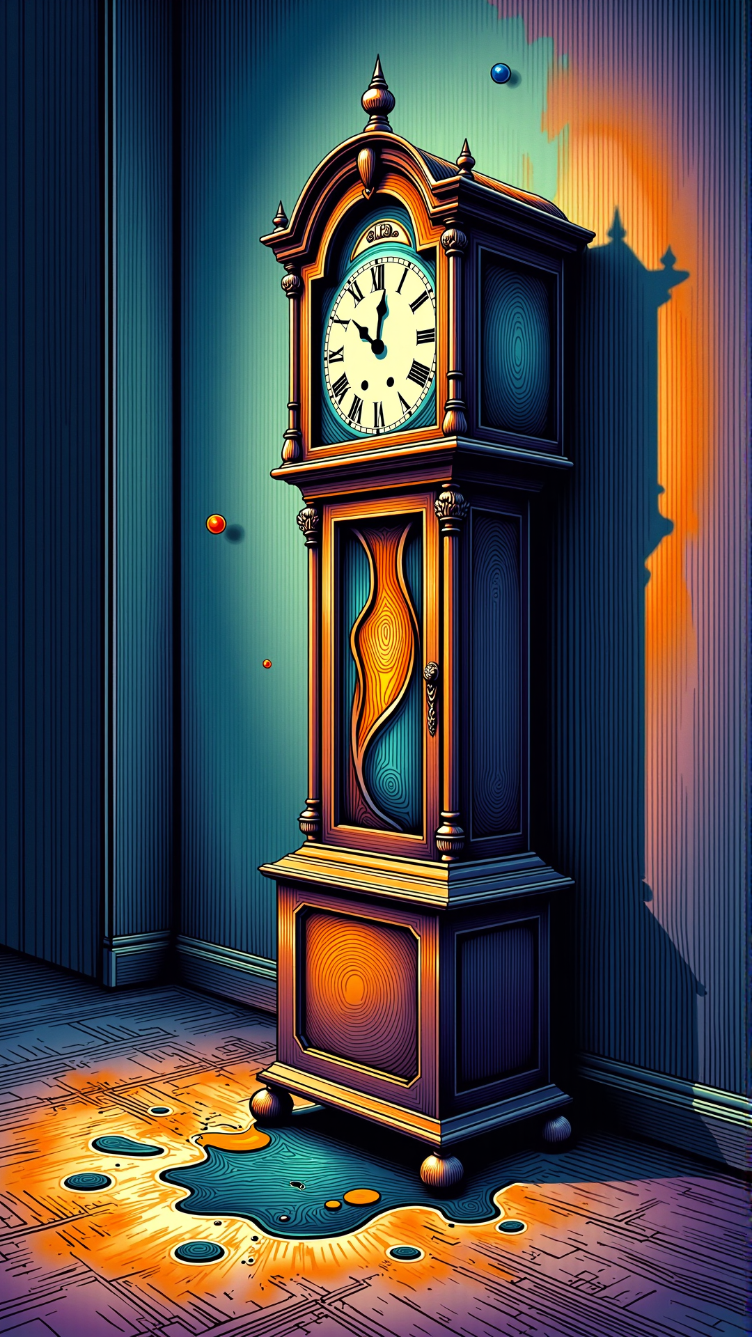 lineart, Surrealist, melting clock, Dali-inspired, antique grandfather clock, melting over a marble floor, dimly lit room, cool colors, blue and purple shadows, warm orange and yellow clock, detailed texture, smooth brush strokes, high contrast, intricate, thought-provoking, conceptual, moody, vintage, atmosphere, dramatic, artistic, elegant, timeless, melancholic, masterpiece, inspiring, captivating, evocative, mesmerizing, awe-inspiring, exquisite, breathtaking, high quality, professional, fine art.<lora:NoctichromeFlux:0.75>