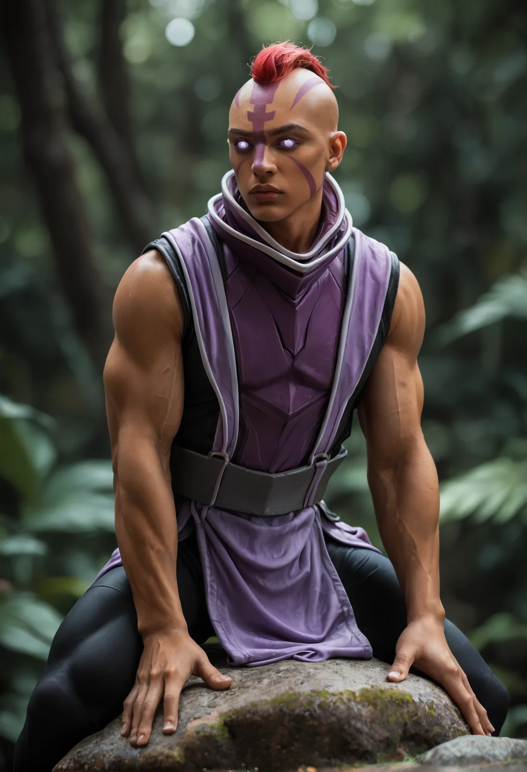 anti_mage_v1, 1boy,
dark skin, dark-skinned male,
muscular, muscular male,
mohawk,red hair, bald,
scar,
purple eyes, no pupils, blank eyes,
facial marks,
 sleeveless,  purple cloth
<lora:anti_mage_V1:1>
 holding, weapon,, score_9, score_8_up, score_7_up, score_6_up, derpibooru_p_95,
detailed eyes, beautiful, detailed background, perfect eyes,
blur censor, blurry, blurry background, blurry foreground, bokeh, motion blur,
chromatic aberration, depth of field, figure, focused,  focus
photography, realistic sun light and shadows, photorealism, UHD --ar 9:16 --style raw --stylize 700,
solo,
jungle leaves deep green, sitting on rock,