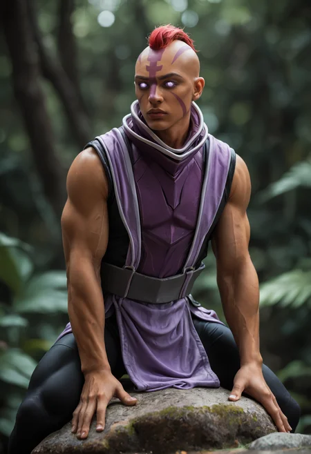 anti_mage_v1, 1boy,
dark skin, dark-skinned male,
muscular, muscular male,
mohawk,red hair, bald,
scar,
purple eyes, no pupils, blank eyes,
facial marks,
sleeveless, purple cloth
<lora:anti_mage_V1:1>
holding, weapon,, score_9, score_8_up, score_7_up, score_6_up, derpibooru_p_95,
detailed eyes, beautiful, detailed background, perfect eyes,
blur censor, blurry, blurry background, blurry foreground, bokeh, motion blur,
chromatic aberration, depth of field, figure, focused, focus
photography, realistic sun light and shadows, photorealism, UHD --ar 9:16 --style raw --stylize 700,
solo,
jungle leaves deep green, sitting on rock,