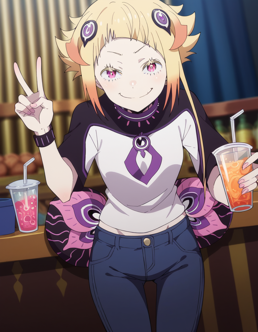 score_9, score_8_up, score_7_up, source_anime, <lora:capella-emerada-lugunica-s3-p1-ponyxl-lora-nochekaiser:1>, capella emerada lugunica, short hair, blonde hair, hair ornament, pink eyes, multicolored hair, gradient hair,, shirt, t-shirt, white shirt, pants, denim pants,, izakaya, drinks, food, stools, social, smile, v, v over mouth, smug,, looking at viewer, solo,, dutch angle, cowboy shot