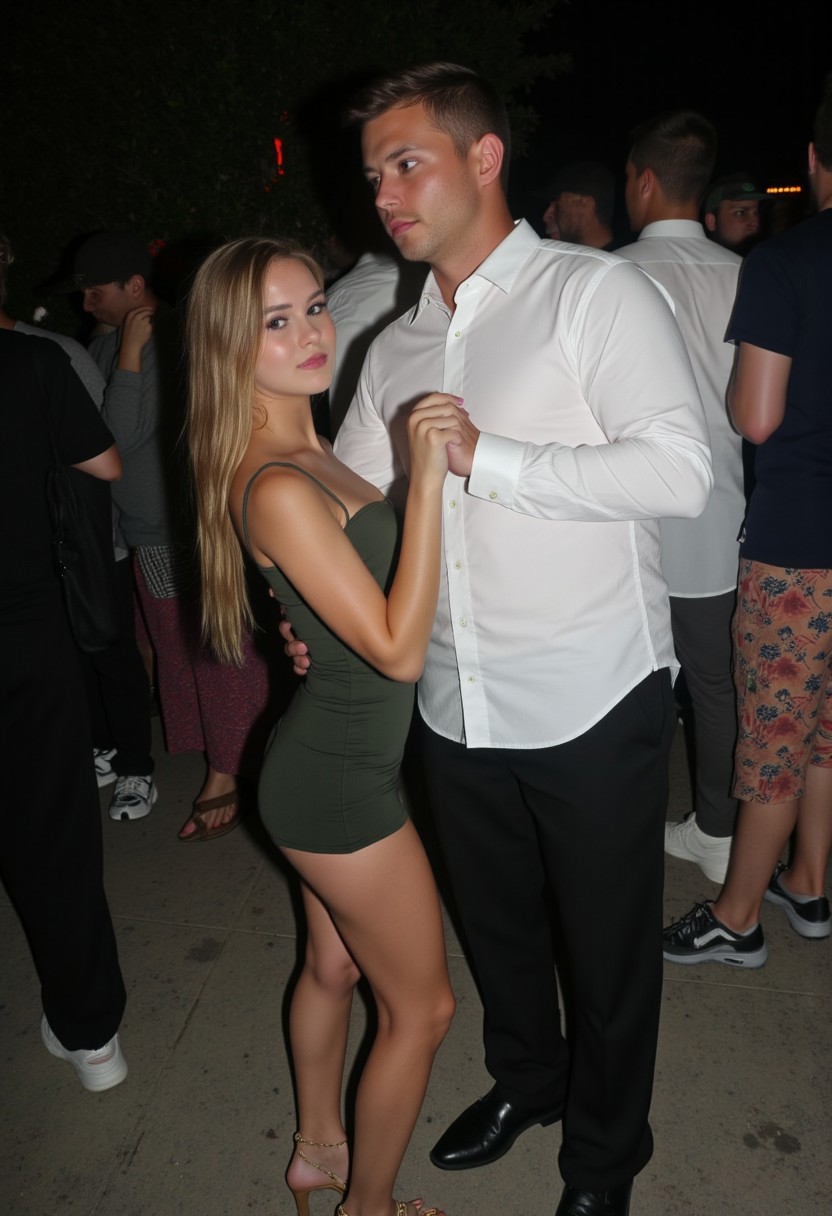 amateur photo, low-lit, overexposure, Low-resolution photo, shot on a mobile phone. young woman, 18 yo (european:1.6) girl , grey eyes, slim, small breasts, skinny, thin, petite blonde, grey eyes, long hair, dark eyeliner, natural lip color,  tight minidress, high heels, seductive pose. Girl smiles, dancing cuddle with ugly man. The background shows crowded room, house party, muted color tones, dayligh