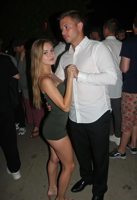 amateur photo, low-lit, overexposure, Low-resolution photo, shot on a mobile phone. young woman, 18 yo (european:1.6) girl , grey eyes, slim, small breasts, skinny, thin, petite blonde, grey eyes, long hair, dark eyeliner, natural lip color, tight minidress, high heels, seductive pose. Girl smiles, dancing cuddle with ugly man. The background shows crowded room, house party, muted color tones, dayligh