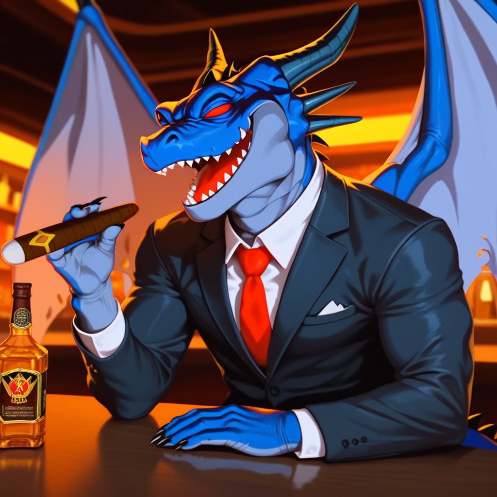 score_9, score_8_up, score_7_up, solo 1boy, Expressiveh, (BlackSmokeShenron, male dragon, anthro, blue body, blue scales, red eyes, no pupils, horns, sharp teeth, wings, tail), 5 fingers, cigar in hand, black suit, black pants, clothed, muscular male, sitting, looking at viewer, smile, open mouth, alcohol, open mouth, table, bar, alcohol, indoors, detailed background, looking at viewer, cigar, cigar in hand, 4k, masterpiece, best quality, highly detailed, realistic