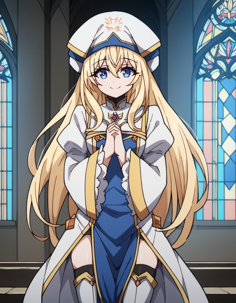 score_9, score_8_up, score_7_up, source_anime,
priestess, <lora:priestess-s2-ponyxl-lora-nochekaiser:1>,
priestess, blonde hair, blue eyes, long hair, hair between eyes,
boots, dress, frilled sleeves, frills, hat, white headwear, pelvic curtain, high heels, robe, thigh boots, thighhighs, white thighhighs, long sleeves, puffy sleeves,
church, hands together, praying, smile,
looking at viewer, cowboy shot, solo,