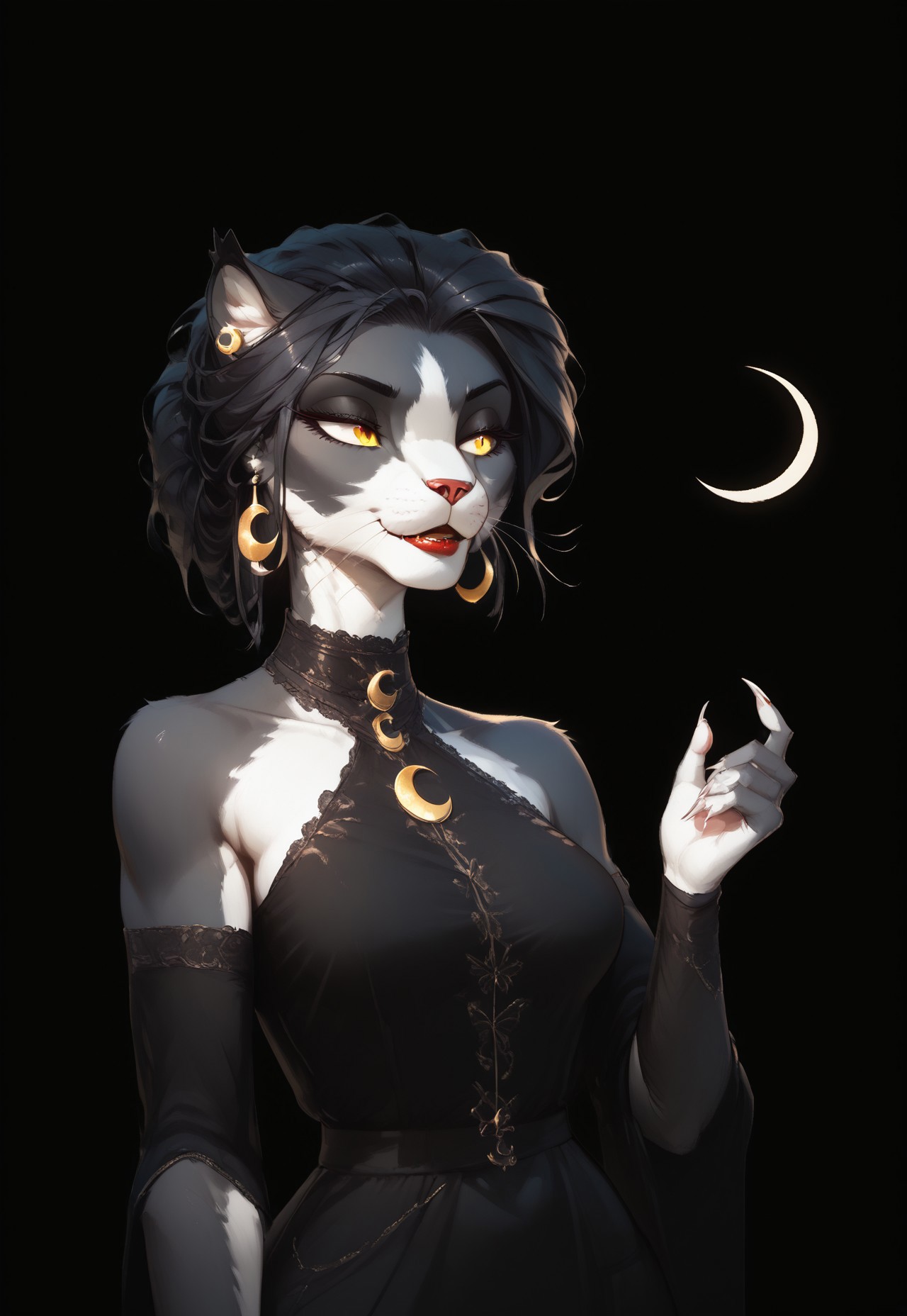 (Blend_in, pitch black background), score_9, score_8_up, score_7_up, (high contrast, sidelightning, upper body), beautiful, 1girl, solo, Ember (ESO), Feline, Furry, Anthro, black and white fur, yellow eyes, crescent moon earrings, lace choker band, matte red lips, black evening dress, halterneck, lace-trimmed fingerless elbow gloves, black clothes, bare shoulders, looking away, hand up, sharp nails, (crescent moon:1.2)