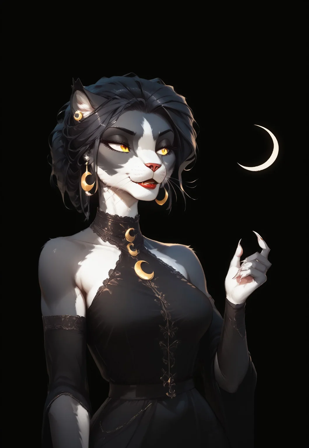 (Blend_in, pitch black background), score_9, score_8_up, score_7_up, (high contrast, sidelightning, upper body), beautiful, 1girl, solo, Ember (ESO), Feline, Furry, Anthro, black and white fur, yellow eyes, crescent moon earrings, lace choker band, matte red lips, black evening dress, halterneck, lace-trimmed fingerless elbow gloves, black clothes, bare shoulders, looking away, hand up, sharp nails, (crescent moon:1.2)