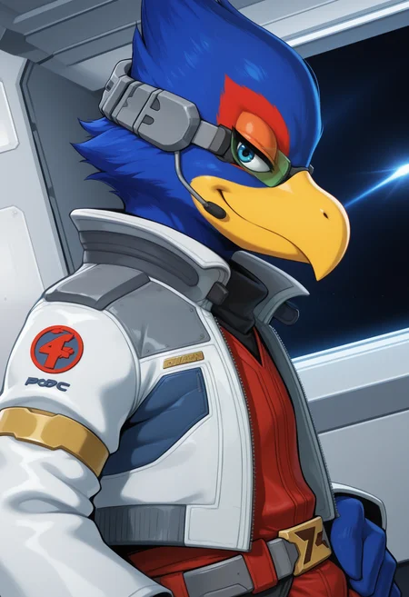 masterpiece,best quality, amazing quality, 1boy, solo, ,f4lc0, bird boy, green scouter, grey headset, red jumpsuit, white jacket, close up, side angle, smug, smirk,
space, space ship, bedroom,