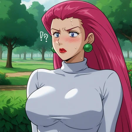 (P0K3M1LF5TYL3:1.2), score_9, score_8_up, source_anime, very aesthetic, anime screencap, anime coloring, Jesse/(Pokemon/), Jessie from Pokemon, Jessie, hair_slicked_back, long hair, red hair, pink hair, red lips, blue eyes, earrings, tight clothing, impossible clothing, 1girl, solo, looking at viewer, 1girl, large breasts, perky breasts, retro artstyle, shocked, fear, outdoors, sweat, steaming body, blush, afraid, confused, trees, tease, source_cartoon, outdoors, retro artstyle, 1980s (style)