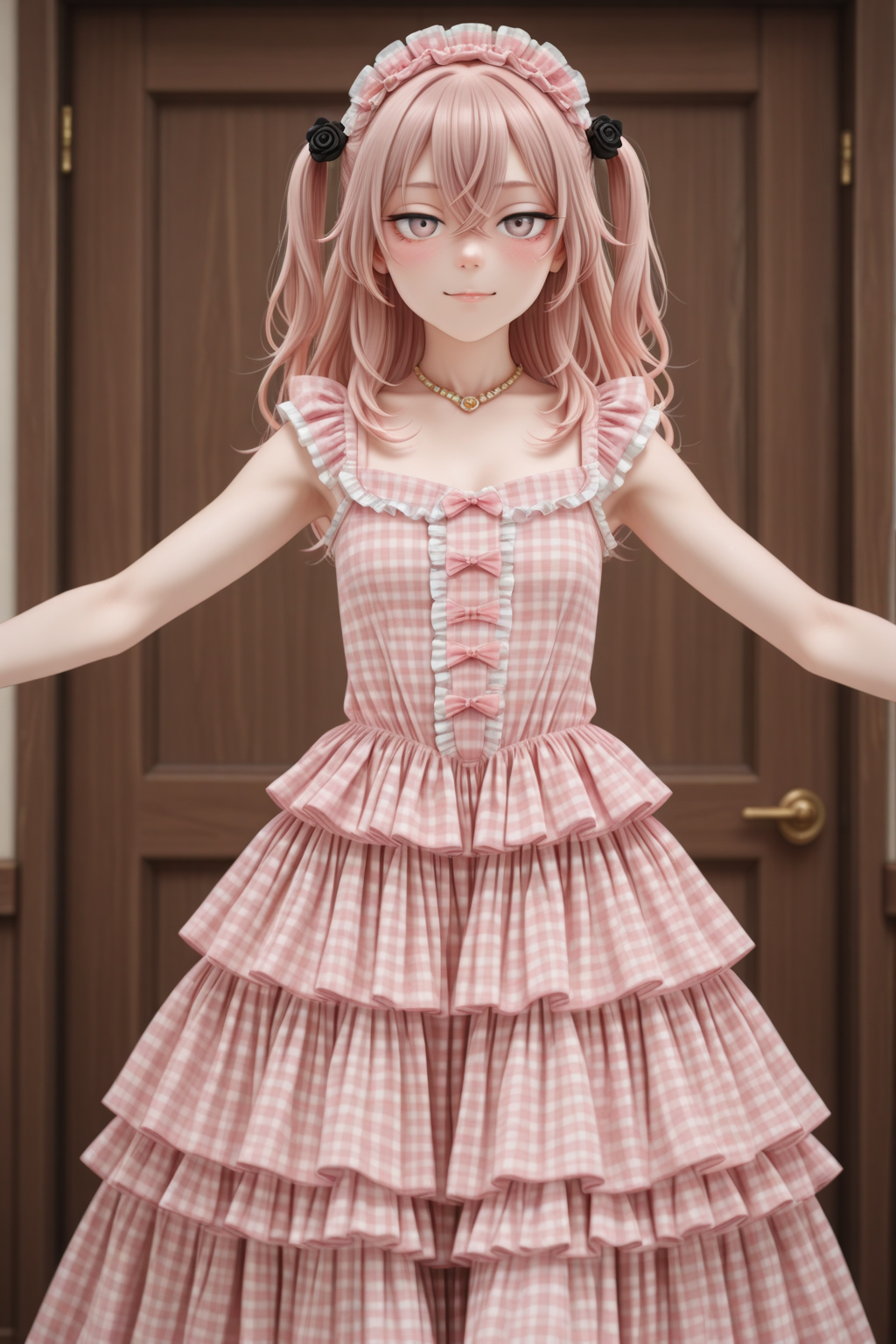 masterpiece, best quality, amazing quality, 1girl, solo, makeup, general, looking at viewer, blush, cowboy shot, smile, boutique, indoors, fancy, blush, lovely, spread arms, looking at viewer, <lora:sajuna-inui-s1-illustriousxl-lora-nochekaiser:1>, sajuna inui, inui sajuna, long hair, bangs, hair ornament, hair between eyes, pink hair, pink eyes, two side up, crossed bangs, black flower, black rose, mature female, small breasts, <lora:Showaretro_sweetgirl_cakedress:1>, Showaretro_sweetgirl_cakedress, dress, plaid, hair ornament, jewelry, necklace, frills, bow, bracelet, hair bow, shoes, sleeveless, frilled dress, (layered skirt:1.2), (ribbon hairband:1.1), ((plaid long dress, long dress)), white pantyhose, <lora:wai-2Rectified-V140:1>, <lora:Illustrious_-_Refiner:1>