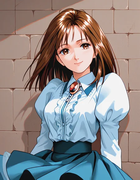 score_9, score_8_up, score_7_up, source_anime, masterpiece, high quality, 1girl,
<lora:ShirakawaReiko_Pony_v01:1> shirakawareiko, brown hair, brown eyes, shirt, puffy sleeves, brooch, skirt,
smile, head tilt, medium breasts,
sitting, grey wall,