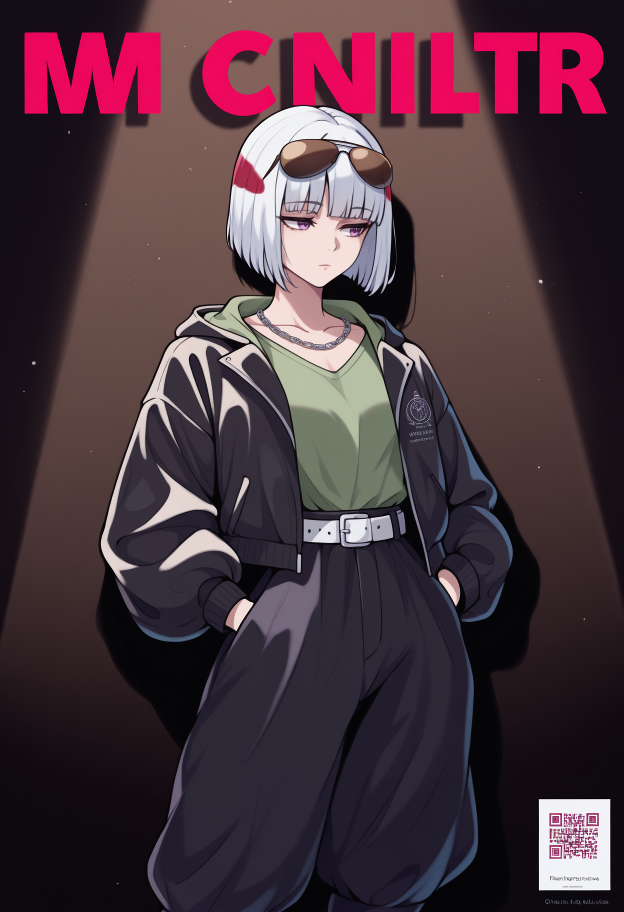 masterpiece, best quality, newest, magazine cover, english text, spotlight, qr code, solo, 1girl, ur4ume, expressionless, looking to the side, hands in pockets, short hair, two-tone hair, white hair, red hair, bob cut, blunt bangs, aviator sunglasses, eyewear on head, purple eyes, black jacket, hooded jacket, hood down, puffy long sleeves, green shirt, black pants, white belt, puffy pants, chain necklace, collarbone
<segment:yolo-Anzhc Face seg 640 v2 y8n.pt,0.4,0.5//cid=1>