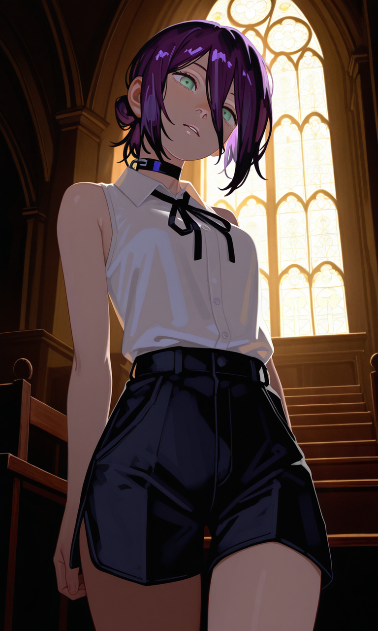 embedding:IllusP0s, sa1t, painterly, reze_\(chainsaw_man\), purple hair, green eyes, choker, sleeveless, white shirt, black ribbon, black shorts, contrast lighting, parted lips, dark room, church, low angle, head tilt,<lora:sait.safetensors:1.3:1.3>
