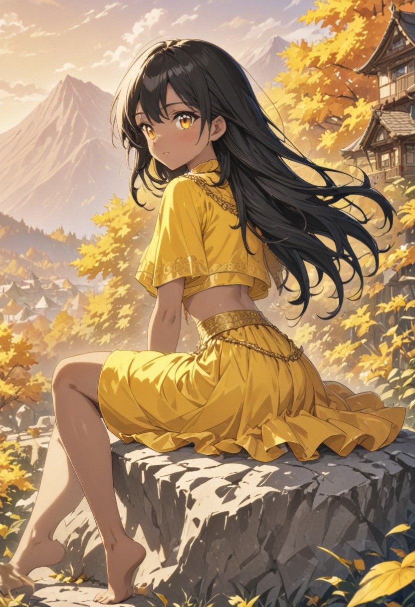 gorgeous lips, cinematic, (masterpiece), (best quality), (ultra-detailed), very aesthetic, illustration, perfect composition, intricate details, absurdres, detailed face, (anime, masterpiece, intricate:1.3), (best quality, hires textures, high detail:1.2), (4k),(incredibly detailed:1.4)
Footbath, beautiful girl, foot of a mountain, sitting on a rock, black hair, no bangs, long hair, evening, autumn, mountain far from the city center, countryside, wooden village, squirrel on shoulder, cloudy white footbath, perfect quality, cute, people who look at it Looking back, beautiful scenery, high resolution, orange Lehnga, yellow Lehnga cropped top covered in gold,orange Lehnga skirt covered in gold, toned midriff, gold waist chain, tan skin, brown skin, yellow eyes, 背景　ジブリ, 背景, ジブリ,<lora:more_details:0.5>