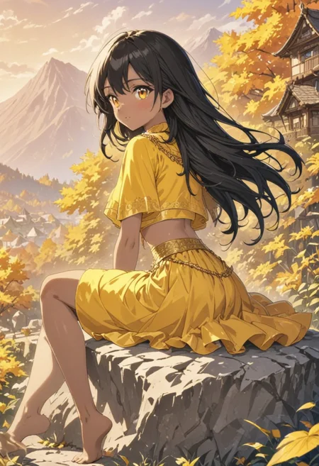 gorgeous lips, cinematic, (masterpiece), (best quality), (ultra-detailed), very aesthetic, illustration, perfect composition, intricate details, absurdres, detailed face, (anime, masterpiece, intricate:1.3), (best quality, hires textures, high detail:1.2), (4k),(incredibly detailed:1.4)
Footbath, beautiful girl, foot of a mountain, sitting on a rock, black hair, no bangs, long hair, evening, autumn, mountain far from the city center, countryside, wooden village, squirrel on shoulder, cloudy white footbath, perfect quality, cute, people who look at it Looking back, beautiful scenery, high resolution, orange Lehnga, yellow Lehnga cropped top covered in gold,orange Lehnga skirt covered in gold, toned midriff, gold waist chain, tan skin, brown skin, yellow eyes, 背景 ジブリ, 背景, ジブリ,<lora:more_details:0.5>