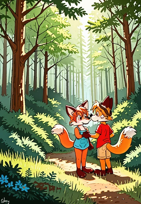 score_8, 1boy, 1girl, couple, forest, bushes, trees, background, , 1girl, Ozy and Millie, fox ears, fox tail, female anthro fox and male anthro fox, furry fox,