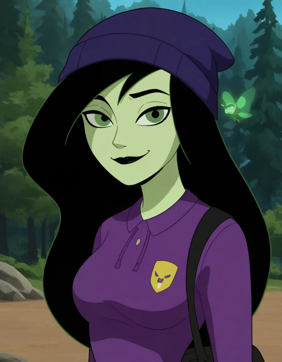 shego, long hair, medium breasts,black lips, (black nipples:0.8), black hair, green eyes, shirt, rugby_shirt, Advent Purple shirt, joggers, trail_runners, beanie, drawstring_bag, Xer0shad0ws