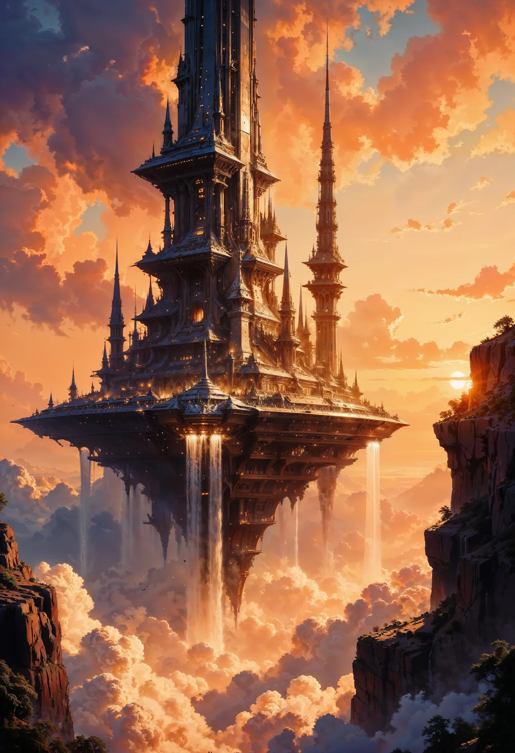 "A massive futuristic city floating in the sky, built on enormous anti-gravity platforms. Sleek skyscrapers with glowing lights, hovering vehicles flying between towers, waterfalls cascading off the edges into the clouds below, with a golden-orange sunset lighting the scene. Highly detailed, cinematic, sci-fi concept art style."