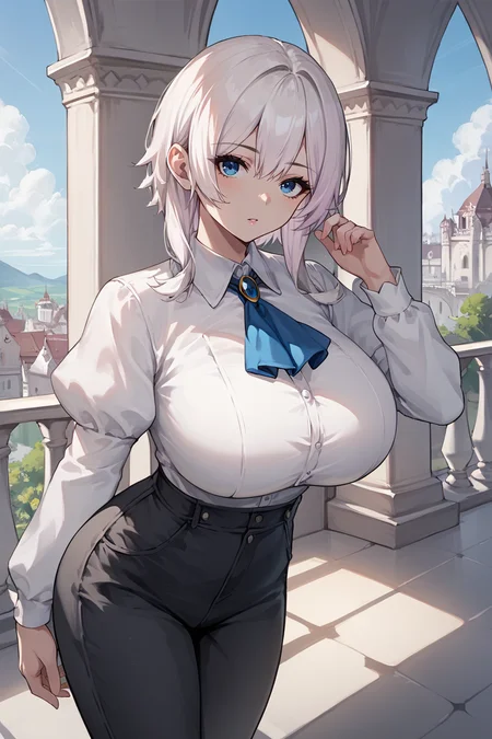 score_9, score_8_up, score_7_up, score_6_up, source_anime BREAK 1girl, solo <lora:doaluna-pdxl-nvwls-v1-000005:1> doaLuna, blue eyes, white hair, large breasts, white shirt, collared shirt, puffy sleeves, ascot, black pants, mansion, looking at you