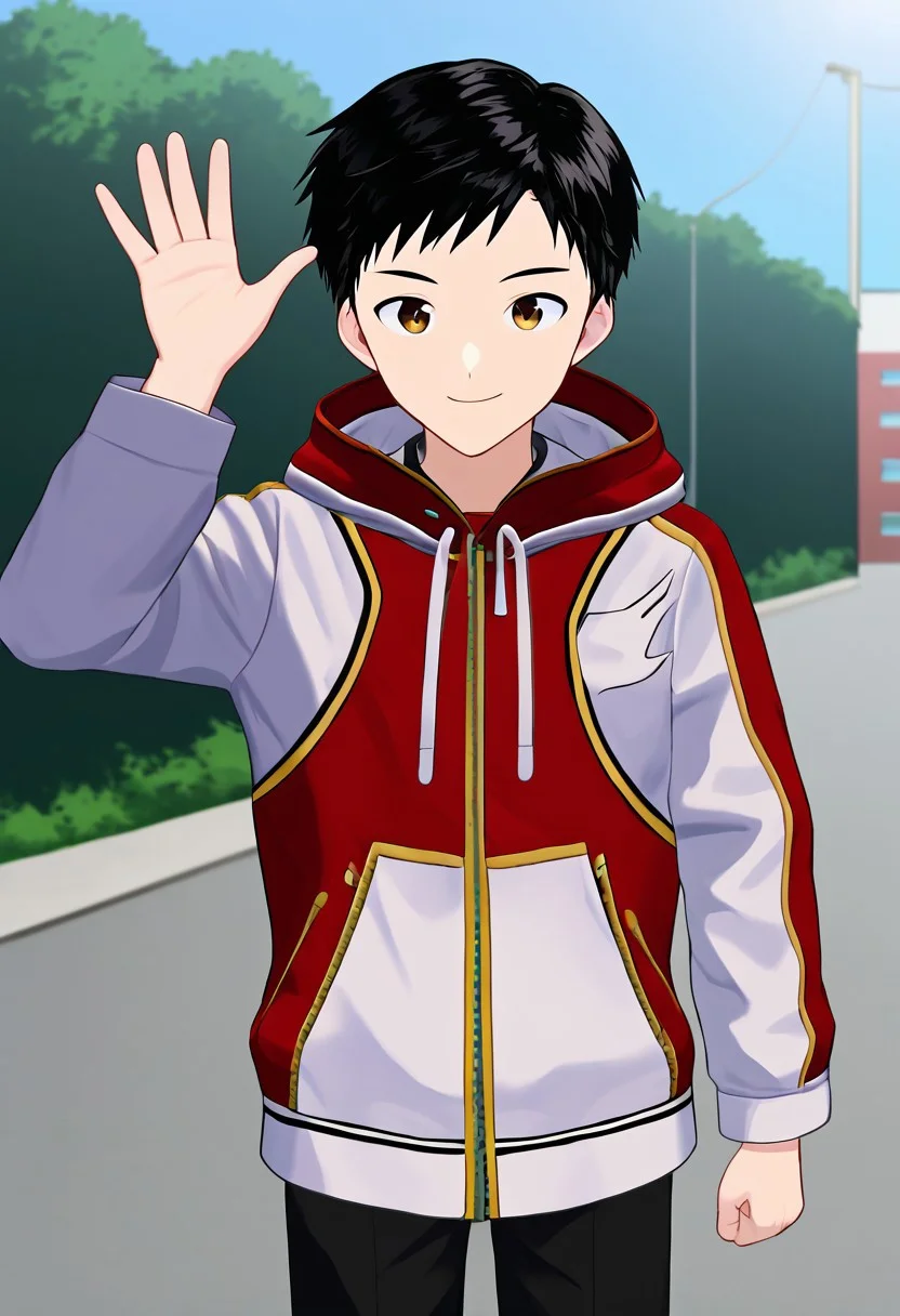 harmard, black hair, short hair, brown eyes, 1boy, solo, solo focus,red_white_jacket, black pants, outdoor setting, right hand waving gesture, handfixer