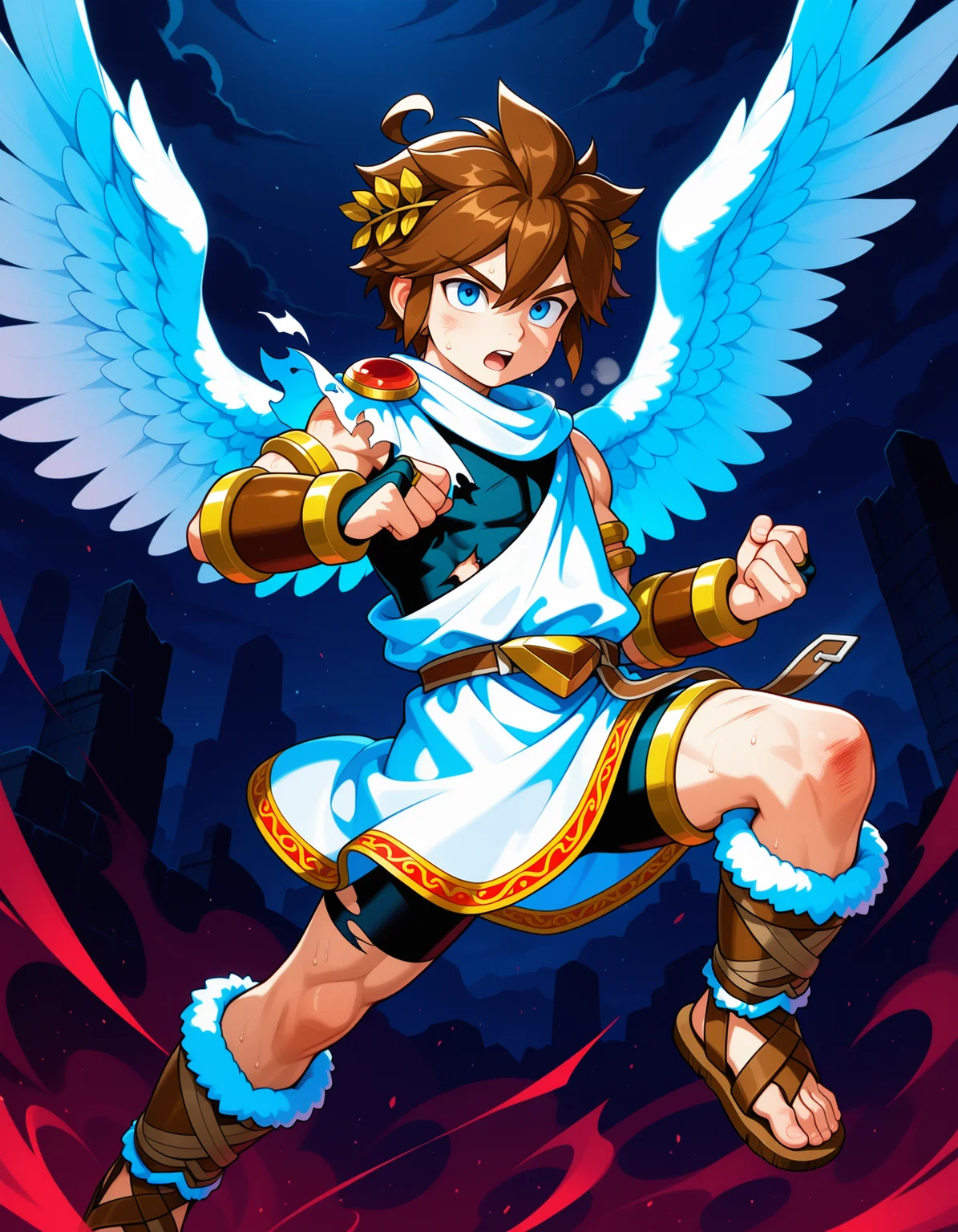 masterpiece,best quality,amazing quality,realistic
BREAK
dynamic angle, kid_icarus,solo,1 boy,fighting stance,in the air, Darkness, ,in the night,dark sky, (exhasuted),(Frowning:1.2),(Torn clothes), tattered body, bruised body,sweat,,(BattleDamage),(damaged),(half closed eyes),open mouth,heavy breathing
,
angel wings,white wings,brown hair,short hair,sidelocks,ahoge,laurel crown,blue eyes,white scarf,red shoulder brooch,single bare shoulder,ancient greek clothes,white toga,black undershirt,brown belt,brown belt buckle,red trim,bike shorts,bracer,bridal gauntlets,fur-trimmed boots,sandals,toes,gold thighlet
BREAK
<lora:kid_icarus_ill:1>, <lora:Battle_Damage:0.8>