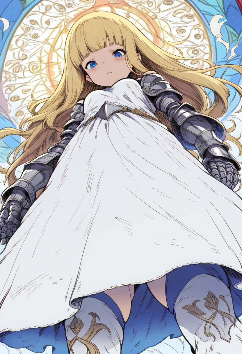 <lora:granblue_fantasy_style_xl:0.8>, granblue_fantasy_style_xl, granblue, 1girl, jeanne_d'arc_\(granblue_fantasy\),  jeanne d'arc, white dress, hair_ornament, girl knight, blunt bangs, long blonde hair, very aesthetic, masterpiece, best quality, hyper detailed, ultra detailed, UHD, perfect anatomy, in the center of Sainte Chapelle, stained glass ceiling, [agate:opal:0.5] glass, from below, low angle shot, dutch angle, leaning,
thighhighs, dazzling, transparent, white armor,
detailed Illustration, official artwork, wallpaper, official art, extremely detailed eyes and face, beautiful detailed eyes, blue eyes,
<lora:HKStyle:0.4>, HKStyle,
<lora:amano_yoshitaka_xl:0.8>, amano yoshitaka,
<lora:add-detail-xl:0.75>,
<lora:quality1:0.75>,
<lora:extremely_detailed:0.6>, extremely detailed,
<lora:IOS_Iridescent_opal_style:0.6>,