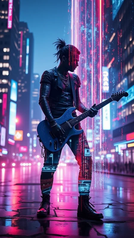A rock guitarist dressed in sleek cyberpunk armor plays passionately on a neon-lit stage, but his figure gradually merges with the towering skyscrapers and flickering holographic signs of the futuristic city behind him. The double exposure effect fuses his electric guitar riffs with the sound of bustling city streets, as glowing musical notes ripple through the air like digital code. His silhouette pulses with neon pinks and blues, blending with the lights and wires of the urban landscape, creating an energetic fusion of sound and cyberpunk style. bo-exposure, double exposure,