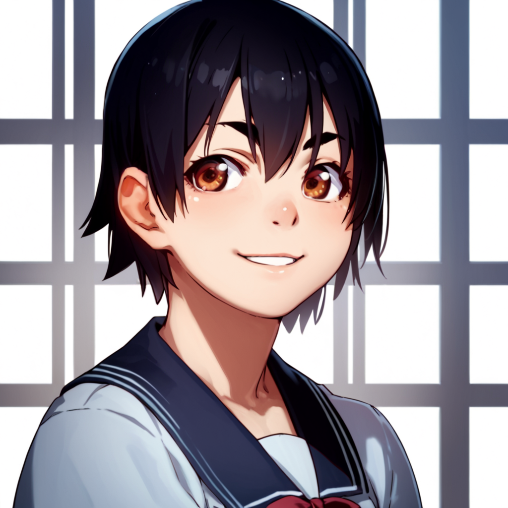 score_9, score_8_up, score_7_up, score_6_up, score_5_up, score_4_up, source_anime, , Suruga, short hair, black hair, brown eyes, school uniform, , soft smile, portrait