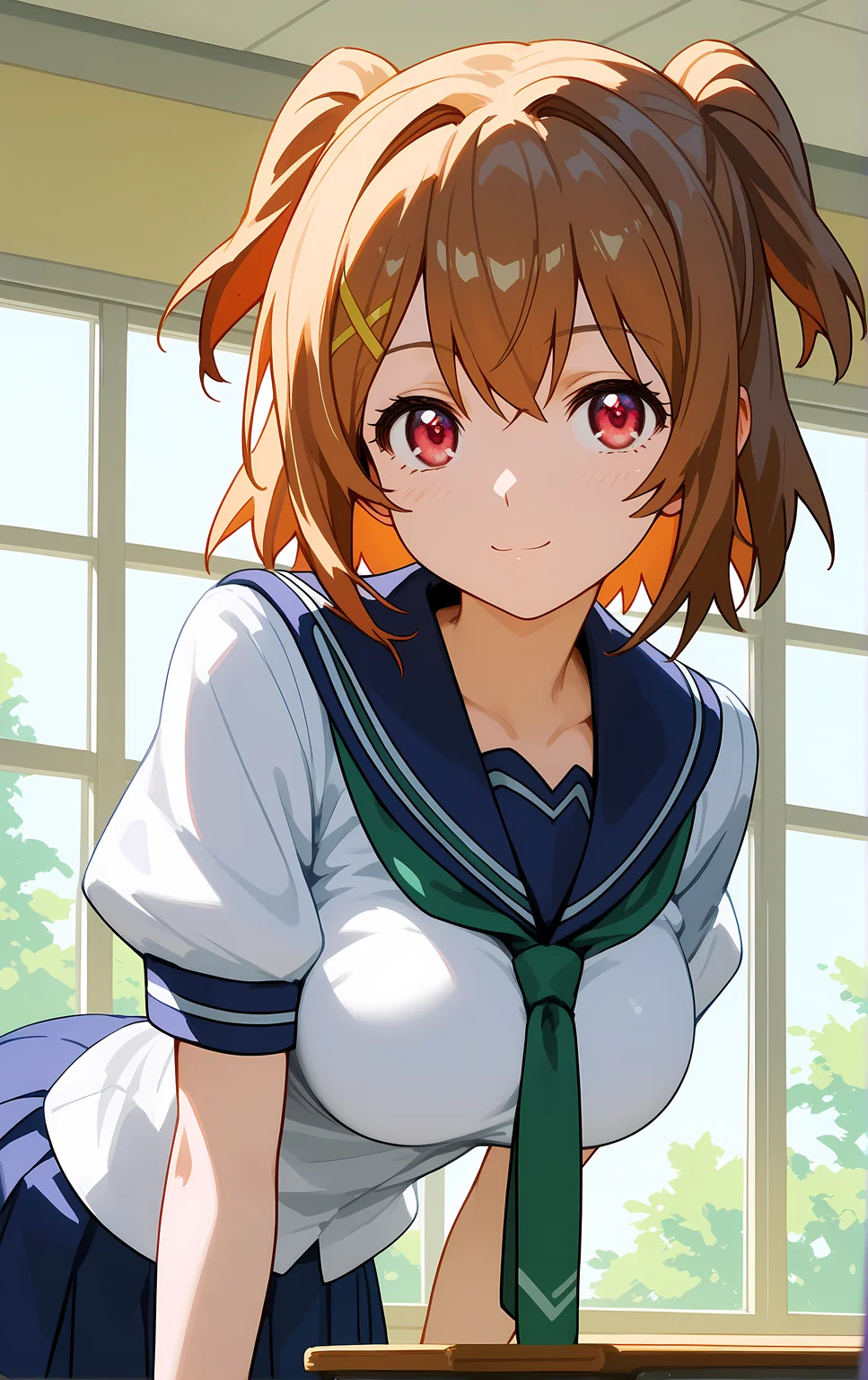 (score_9, score_8_up, score_7_up), 1girl, window, sunlight, classroom,
leaning forward, looking at viewer, closed mouth, light smile, tight clothes, close-up,
ohwx, 1girl, solo, breasts, brown_hair, large_breasts, short_hair, two_side_up, pink_eyes, red_eyes, school uniform,
<lora:kushiya_inaho_pony_ss:1>