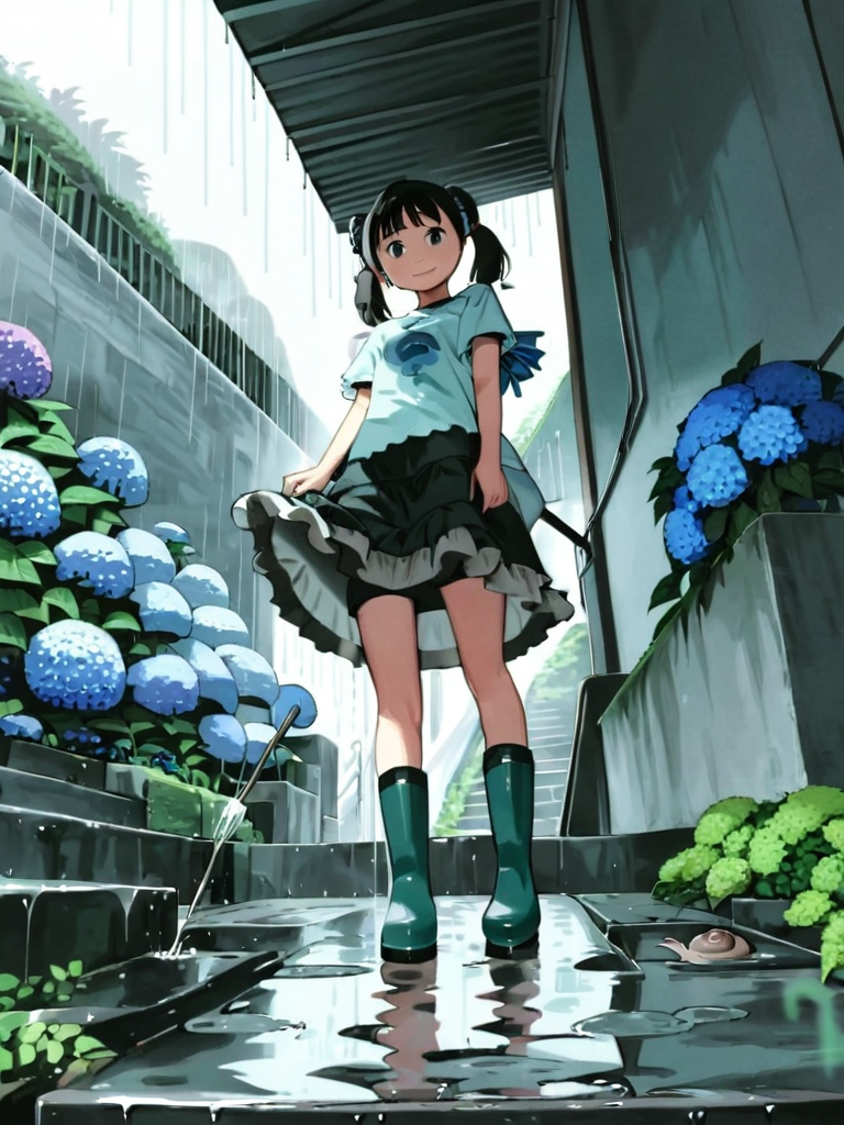<lora:comicloa1_xl:1>,1girl,solo,umbrella,rubber boots,flower,closed umbrella,boots,black hair,skirt,rain,black eyes,twintails,long hair,from below,smile,hydrangea,stairs,looking at viewer,pink footwear,outdoors,water,arms behind back,shirt,short sleeves,standing,bangs,black skirt,plant,looking down,puddle,holding,snail,frilled skirt,frills,full body,