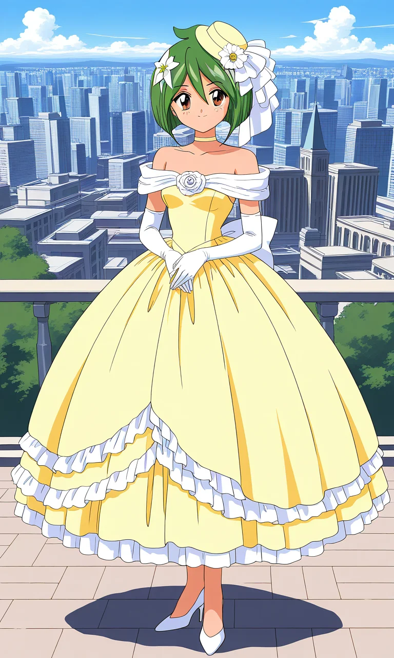 general,highres, ultra-detailed,very aesthetic,best quality ,best hands, BREAK <lora:Tamano_Hinagiku_IS:1> Tamano_Hinagiku, 1girl,solo, green hair, short hair, brown eyes, hair between eyes, 1990s (style),anime coloring, smile,
wedding dress, high heels, gloves, elbow gloves,
hat, hair flower, full body, bow, bob cut, shoes, choker, white footwear, yellow dress, smile, standing, hair ornament,
white gloves, frills, bare shoulders,
city, outdoor, day, sky,