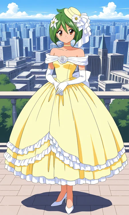 general,highres, ultra-detailed,very aesthetic,best quality ,best hands, BREAK <lora:Tamano_Hinagiku_IS:1> Tamano_Hinagiku, 1girl,solo, green hair, short hair, brown eyes, hair between eyes, 1990s (style),anime coloring, smile,
wedding dress, high heels, gloves, elbow gloves,
hat, hair flower, full body, bow, bob cut, shoes, choker, white footwear, yellow dress, smile, standing, hair ornament,
white gloves, frills, bare shoulders,
city, outdoor, day, sky,