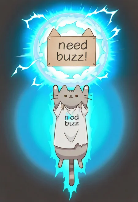 masterpiece, best quality, 8k, absurdres, very aesthetic, ultra-detailed, best illustration,
ge1sp0r,energy ball, blue energy, glowing, aura, electricity, arms up, floating, midair, Pusheen, buzz,need_buzz, holding sign,real cat,need_buzz, holding sign,torn clothes,shirt,