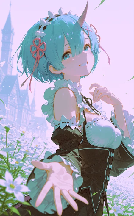 masterpiece, best quality, amazing quality, rem \(re:zero\), 1girl, solo, short hair, blue eyes, medium breasts, blue hair, single horn, grin,
looking at viewer, smile, outstretched arm, reaching towards viewer,
black dress, maid headdress, x hair ornament, pink ribbon, hair ribbon, frills, detached sleeves, hair flower, frilled sleeves, flower knot, roswaal mansion maid uniform,
upper body, from side, outdoors, white flower, wind,
Depth Of Field, blurry foreground, <lora:noobai_ep11_stabilizer_v0.138_fp16:0.3> <lora:NOOB_vp1_detailer_by_volnovik_v1:0.3> <lora:USNR_STYLE_ILL_V1_lokr3-000024:0.8> <lora:XXX667:0.5> <lora:lpc_v10:0.6>