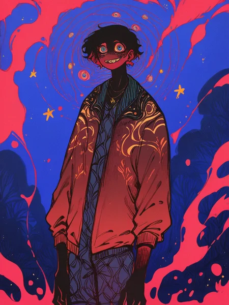 score_9, score_8_up, score_7_up, score_6_up, score_5_up, score_4_up, <lora:f3nn3rXLP:1> f3nn3r, 1boy, colourful, pink, blue, black, red, trippy
