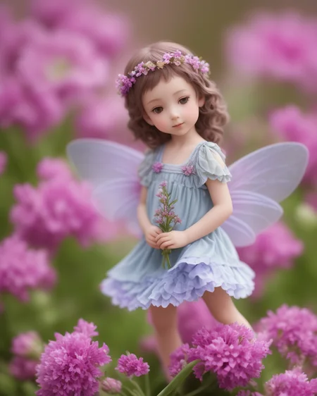small fairy, plays on large tuberous, flowers in the background, high angel pov 120mm, macro shot, depth of field, soft front light, glow, HDR, (muted colors:1.2), Canon RF 100mm F2.8L Macro IS USM